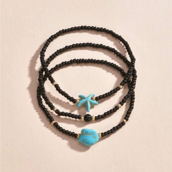 BLACK TURQUOISE STARFISH ANKLE BRACELET SET - Picture 2 of 4